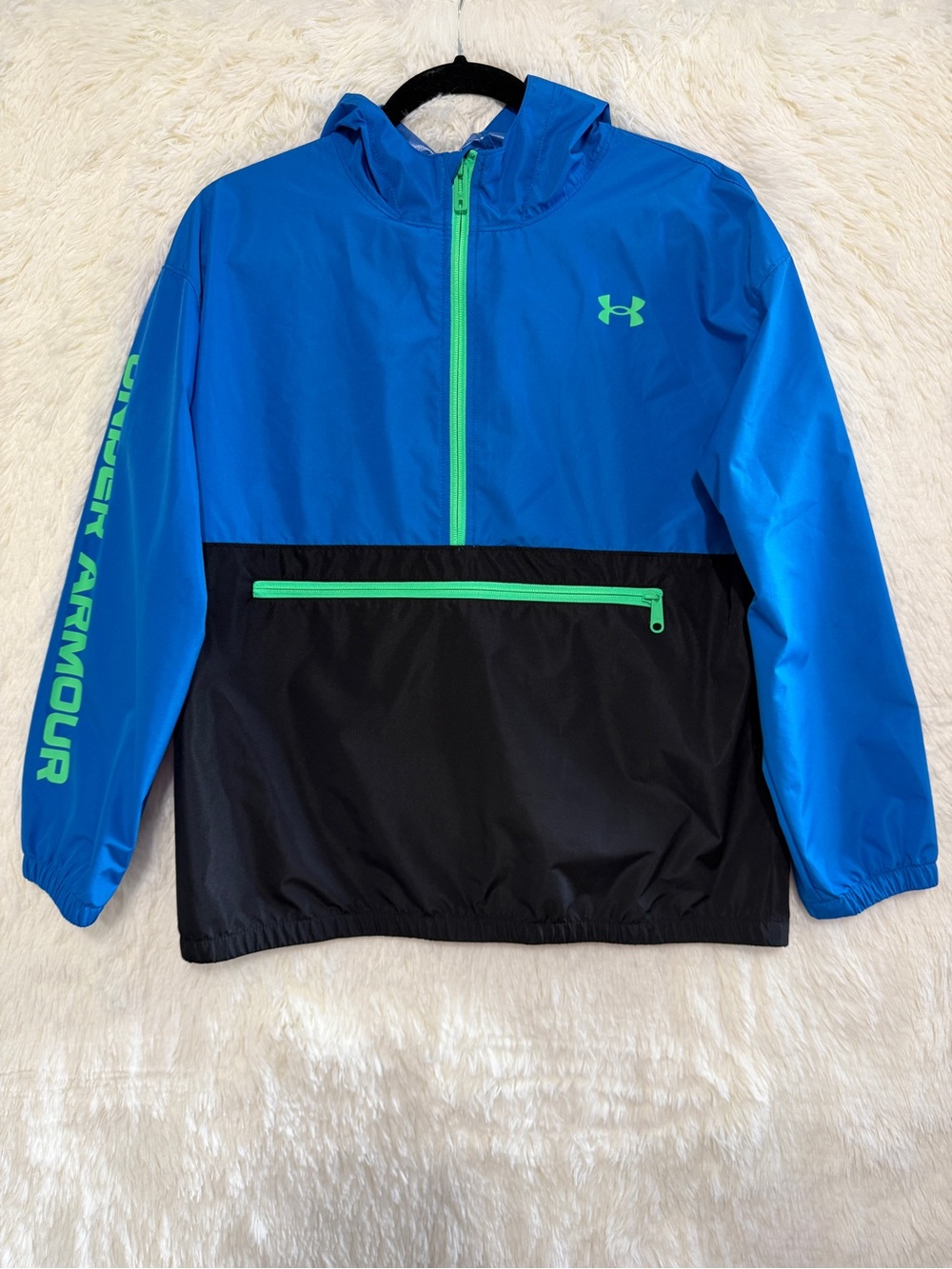 Under Armour Wintuck Windbreaker Jacket Youth L Blue Pullover Spellout Logo
